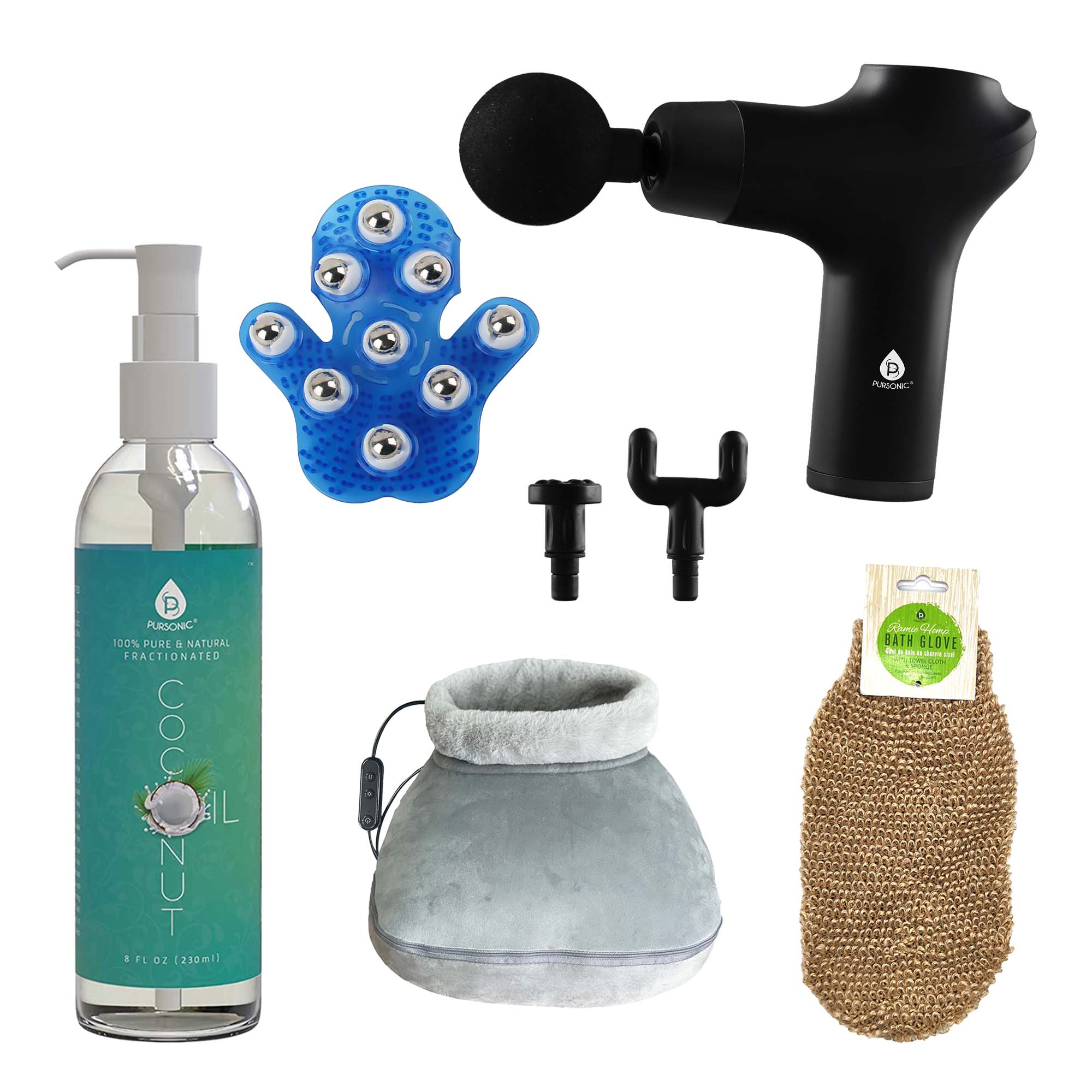 Ultimate Relaxation & Recovery Bundle – Mario Lopez Massage Glove, Heated Foot Massager, Pursonic Massage Gun & More!
